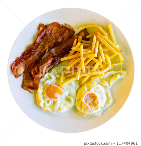 Homemade hearty breakfast - fried eggs with bacon and French fries Homemade hearty breakfast - fried eggs with bacon and French fries 117404961