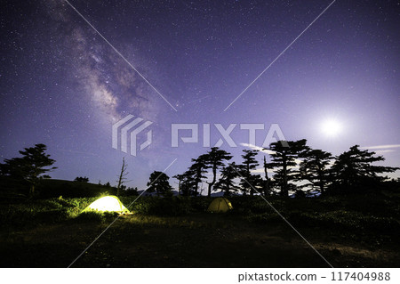 《Ehime Prefecture, Kamegamori》 Starry sky and tents from the Kamegamori campsite 117404988