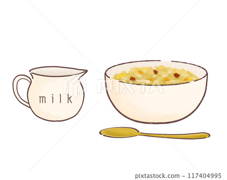 Illustration of a bowl of granola and milk 117404995