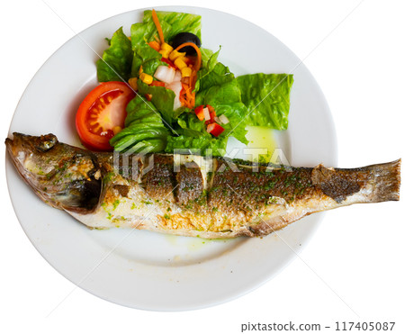 Grilled sea bass with fresh vegetable salad Grilled sea bass with fresh vegetable salad 117405087