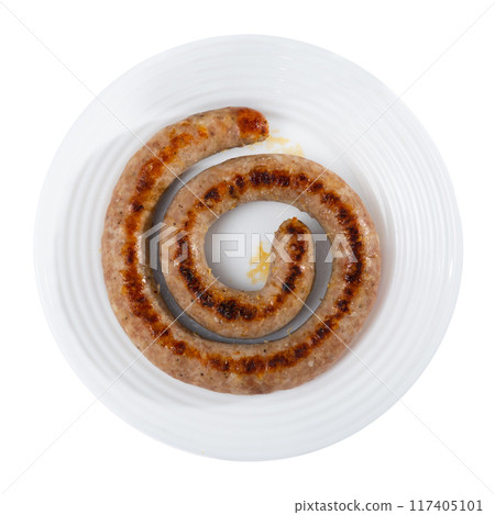 Fried pork sausage served on platter 117405101