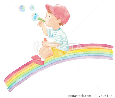 手繪水彩插圖，一個男孩坐在彩虹上吹肥皂泡 117405182