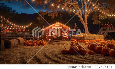 A barn in a pumpkin patch farm is decorated by mini light surrounding by bales and pumpkins at night. AI generated. 117405184