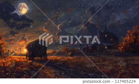 A hayride full of hay bales is running through a rural road during the night against dark night sky with a full moon in painting style. AI generated. 117405224