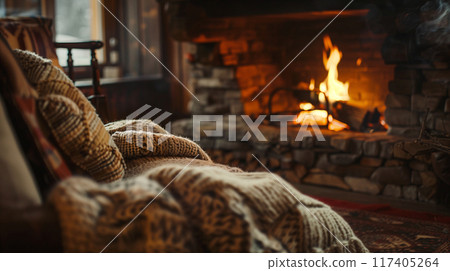 Cozy living room decor with a sofa covered by knitted blanket and a fireplace in warmth atmosphere, evening time. AI generated. 117405264