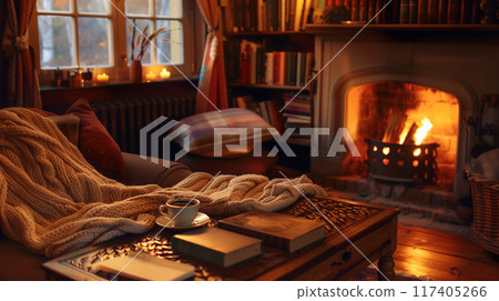 Cozy living room decor with candles, a cup of hot coffee, knitted blanket and books on a wooden coffee table and a fireplace in warmth atmosphere color tone, evening time. AI generated. 117405266