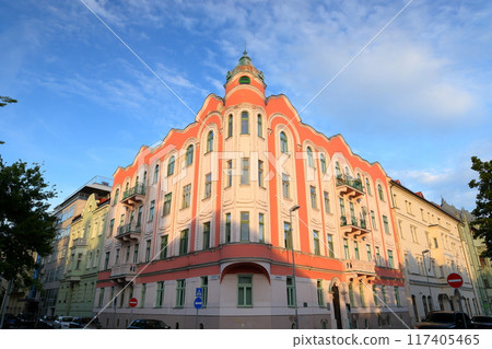 A street corner in Bratislava under the blue sky in Slovakia, Central Europe 117405465