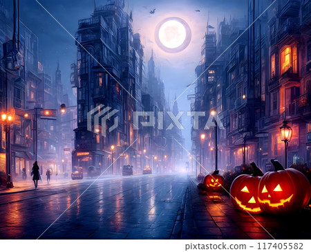halloween in the city with pumpkin and dark night background 117405582