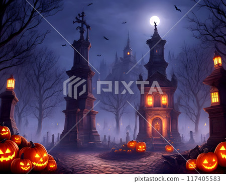 halloween in the city with pumpkin and dark night background 117405583