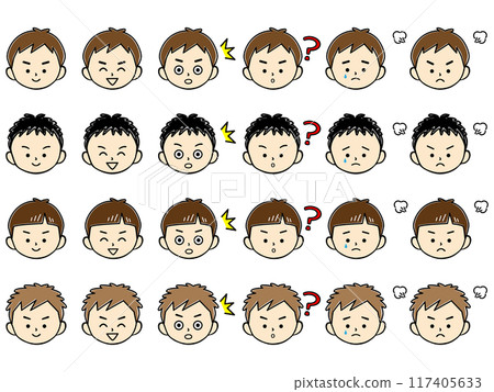 多個男孩各種面部表情的圖標集（顏色） 117405633