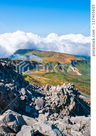 Climbing Mt. Chokai in autumn: View from the summit (Shinzan) Climbing Mt. Chokai in autumn: View from the summit (Shinzan) 117405685