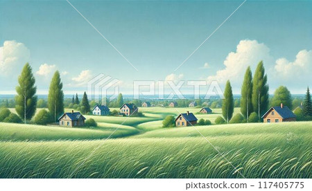 Wide wheat field and blue sky 117405775