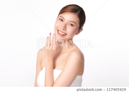 Beautiful young asian woman with clean fresh skin on white background, Face care, Facial treatment, Cosmetology, beauty and spa, Asian women portrait. 117405929