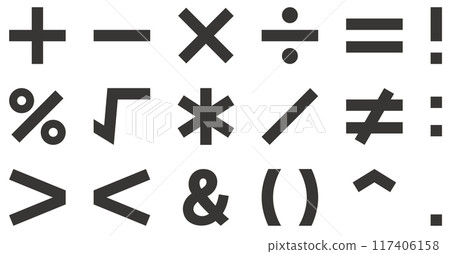 Vector illustration set of arithmetic symbols such as operators, add, subtract, multiply, divide, equal, etc. Vector illustration set of arithmetic symbols such as operators, add, subtract, multiply, divide, equal, etc. 117406158