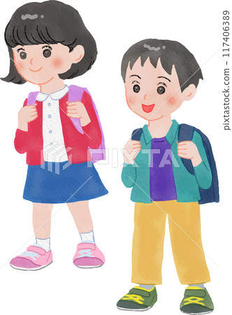 Watercolor painting of elementary school students on their way to school 117406389
