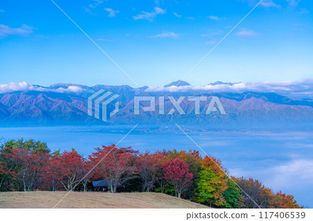 [雲海素材]秋天從長峰山看到的松本平雲海[長野縣] 117406539