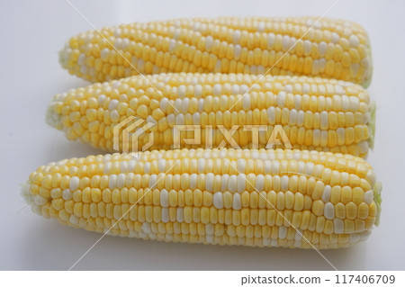 Sweet and delicious bicolor corn in season in summer Sweet and delicious bicolor corn in season in summer 117406709