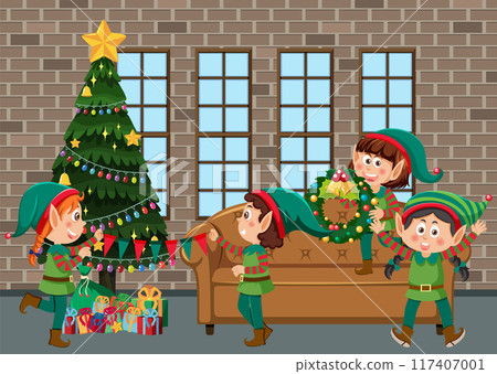 Christmas Elves Decorating a Tree 117407001