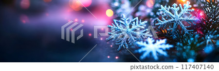 Vibrant Holiday Banner with Colorful Snowflakes and Merry Christmas Greeting in Bold Letters 117407140