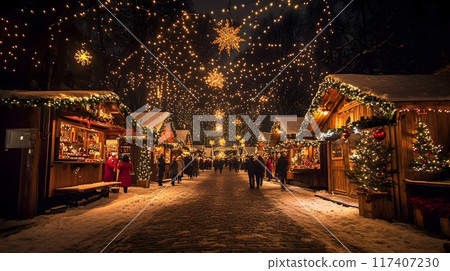 Vibrant and Festive Christmas Market with Twinkling Lights Cheerful Joyful Vibrant and Festive Christmas Market with Twinkling Lights Cheerful Joyful 117407230