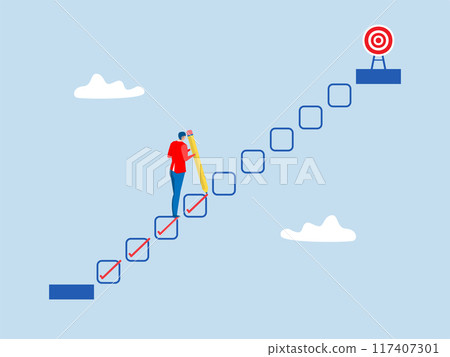 Progression from start to success, ,businessman step up checklist as staircase or todo list for businessman to achieve target ,development or improvement, challenge to progress Progression from start to success, ,businessman step up checklist as staircase or todo list for businessman to achieve target ,development or improvement, challenge to progress 117407301