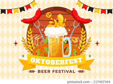 Happy Oktoberfest Party Festival Vector Illustration with Beer, Sausage, Gingerbread, Barrels, German Flag, and Wheat in the Flat Style Background 117407304