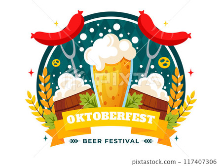 Happy Oktoberfest Party Festival Vector Illustration with Beer, Sausage, Gingerbread, Barrels, German Flag, and Wheat in the Flat Style Background Happy Oktoberfest Party Festival Vector Illustration with Beer, Sausage, Gingerbread, Barrels, German Flag, and Wheat in the Flat Style Background 117407306