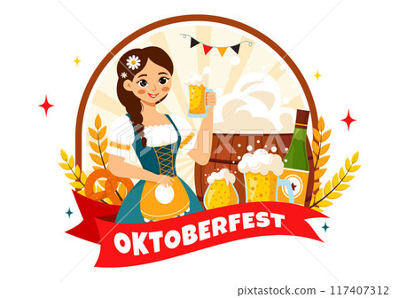 Happy Oktoberfest Party Festival Vector Illustration with Beer, Sausage, Gingerbread, Barrels, German Flag, and Wheat in the Flat Style Background Happy Oktoberfest Party Festival Vector Illustration with Beer, Sausage, Gingerbread, Barrels, German Flag, and Wheat in the Flat Style Background 117407312