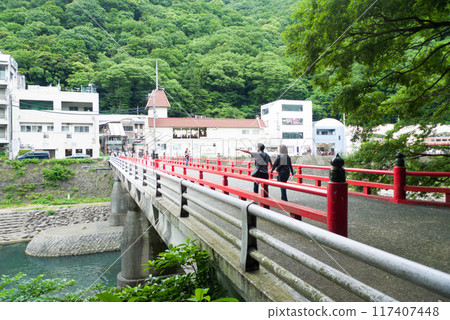 A couple walking hand in hand across the red bridge (Ajisai Bridge) in front of Hakone-Yumoto Station 117407448