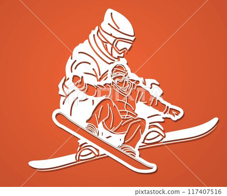 Snowboard Players Mix Action Snowboarder Pose Extreme Sport Cartoon Graphic Vector 117407516