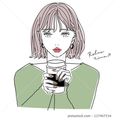 美麗的女人喝咖啡線畫透明背景 117407534