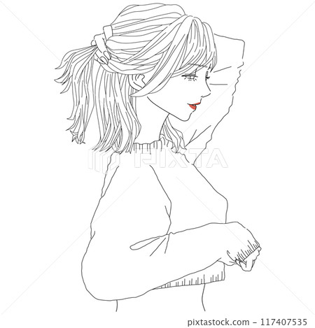 一個美麗的女人梳理頭髮的輪廓線畫 一個美麗的女人梳理頭髮的輪廓線畫 117407535