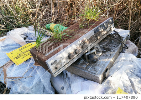 電唱機、擴音器和家用電器被非法傾倒在河岸上 電唱機、擴音器和家用電器被非法傾倒在河岸上 117407890