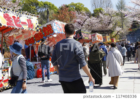 盛開的櫻花下，節慶時人頭攢動，日本遊客和入境遊客都在享受美食。 117408336