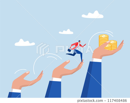 Leader hand helping supporters,businessman jumping up giant hand growth ladder to progress target. giant hands supporting bridge at abyss, Partnership support concept 117408486