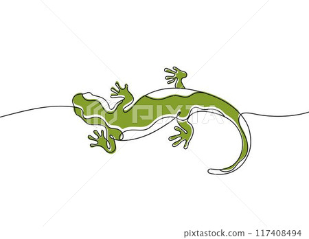 Salamander in continuous line art drawing style. Lizard hand drawn vector illustration. Minimalist black linear sketch isolated on white background. Salamander in continuous line art drawing style. Lizard hand drawn vector illustration. Minimalist black linear sketch isolated on white background. 117408494