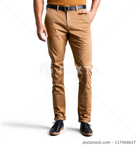 Stylish twill chino pants in British khaki with a slim fit and cuffed ankles suspended 117408637