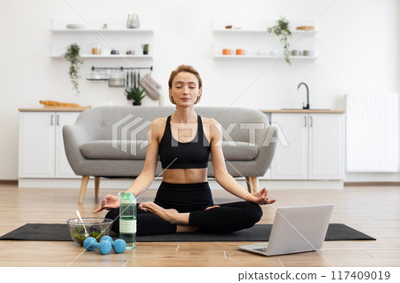 Woman meditating at home with laptop and healthy snacks Woman meditating at home with laptop and healthy snacks 117409019