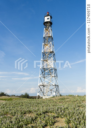 Building view of the Guosheng Lighthouse in Qigu, Tainan, Taiwan. The westernmost point of Taiwan and Taijiang National Park Attractions. 117409718