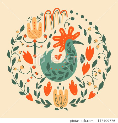 Folk ornamental bird and heart. Best for greeting card. Template vector illustration. 117409776