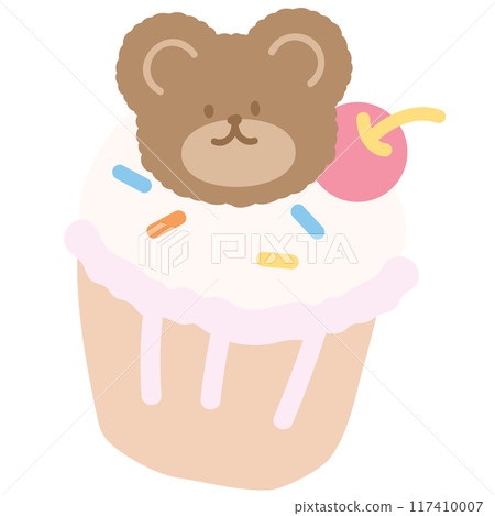 Vanilla cupcake with teddy bear, cherry for sweet dessert, cafe, restaurant, menu, recipe, baking, sticker, cartoon character, mascot, comic, plush toy, doll, brunch, birthday party, card, ads, print	 117410007