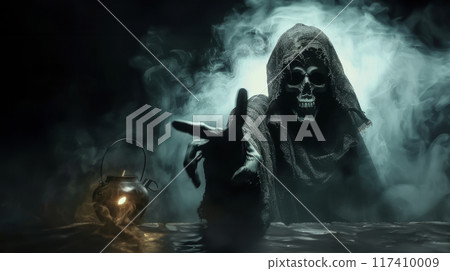 Hooded Grim Reaper with Candle in Smoky Darkness Hooded Grim Reaper with Candle in Smoky Darkness 117410009