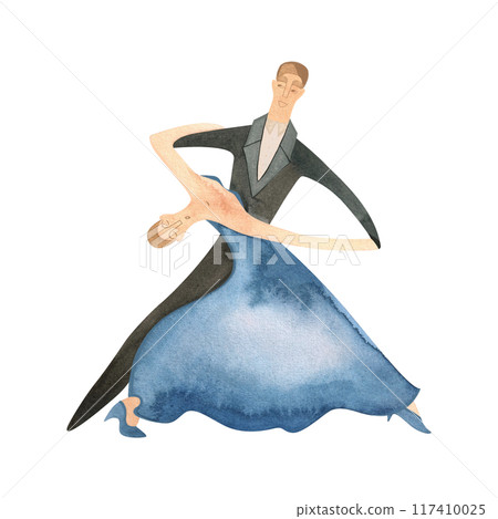 Couple dancing English waltz or foxtrot. Sport ballroom dancing, st. Isolated watercolor illustration. 117410025