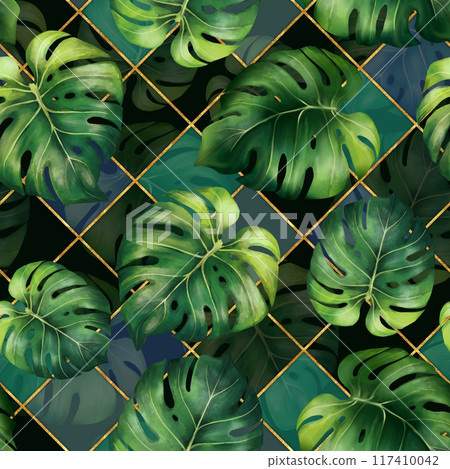 Seamless pattern with tropical green leaves. Hand drawn botanical background. Suitable for making wallpaper, wrapping paper, fabric 117410042