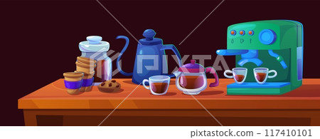 Barista coffee making setup on wooden table 117410101