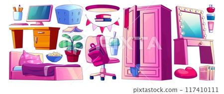 Teenage girl room interior pink furniture set Teenage girl room interior pink furniture set 117410111