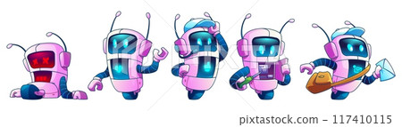 Ai robot with hands on wheel in different poses. 117410115