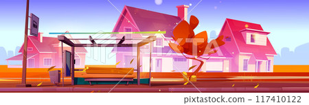 Autumn suburban landscape with houses and bus stop 117410122