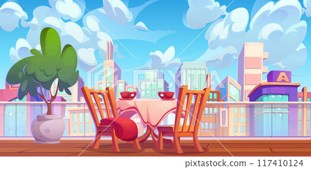 Cafe table and chairs on rooftop terrace Cafe table and chairs on rooftop terrace 117410124