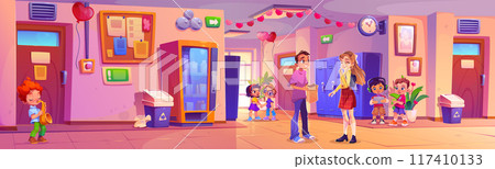 Children in school hallway on Valentine Day 117410133